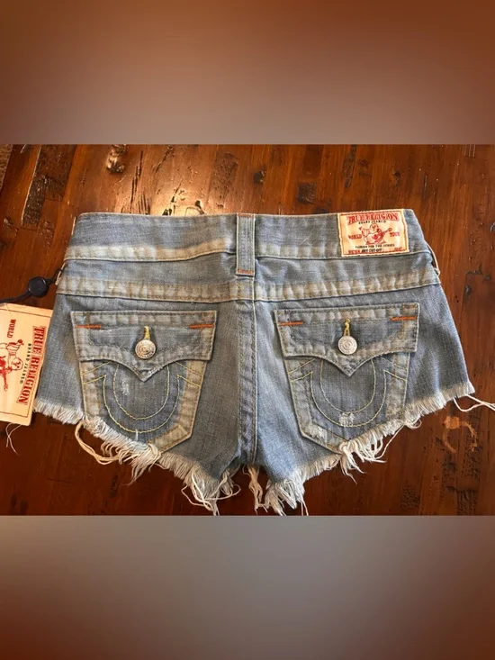 True Religion Light Blue Distressed Denim Jean Shorts - Picture 2 of 3